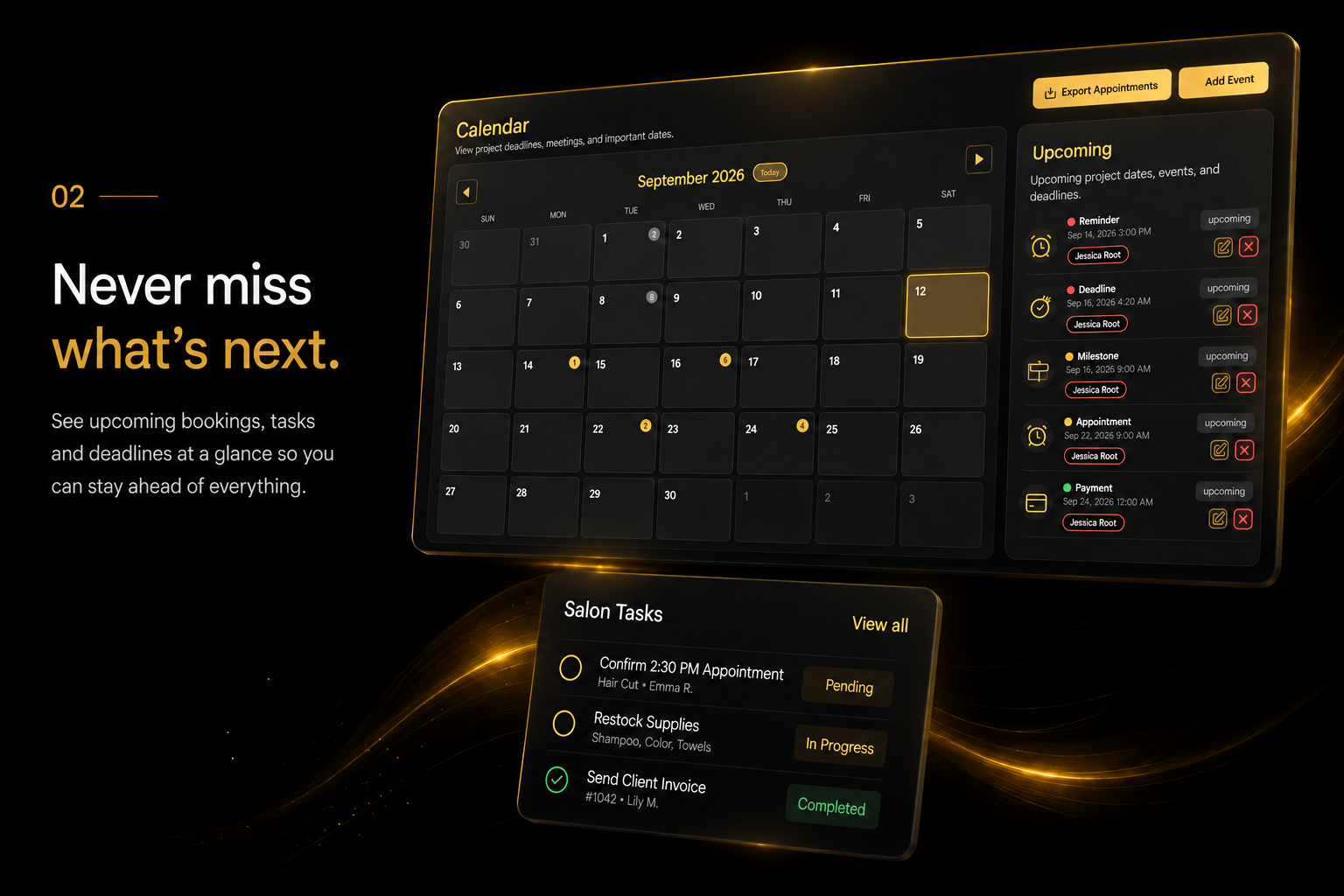 Bookings, calendar and upcoming tasks